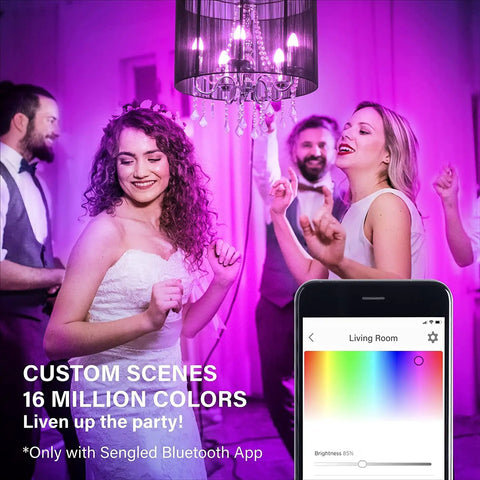 Alexa Compatible E12 Smart Light Bulbs S1 Auto Pairing shown in a chandelier at a party with a color-changing app display.