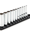 One Quarter Inch Drive Deep Twelve Point Socket Set With Rail Eleven Piece From Five Thirty Two To Nine Sixteen Inches Heavy Duty Mechanic Grade Tools For Pro Jobs Includes Durable Rail For Easy Organization, showcasing sockets on rail