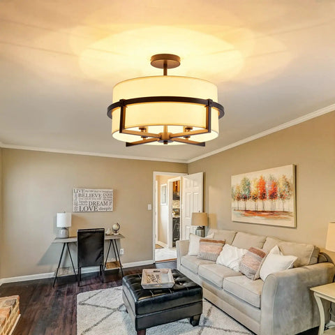 Four Light Modern Drum Chandelier With Fabric Shade, Semi Flush Mount Ceiling Light In Matte Black Iron in living room.