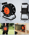 Extension Cord Storage Reel with Hand Crank, 4 Outlets, 15 Amp Overload Switch, Heavy-Duty Metal Stand, shown in use