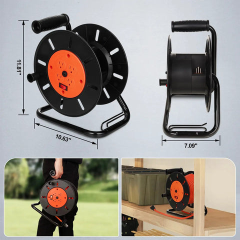 Extension Cord Storage Reel with Hand Crank, 4 Outlets, 15 Amp Overload Switch, Heavy-Duty Metal Stand, shown in use