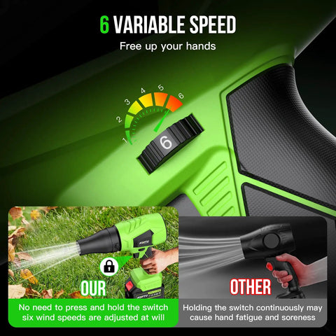 Close-up of Cordless Leaf Blower Turbo Jet Power showing 6 adjustable speed settings with lock, green handheld design