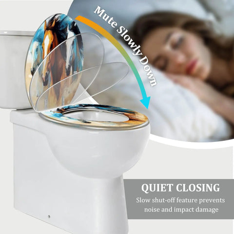 Elongated Decorative Toilet Seat for Bathroom with horse design, quiet closing feature, fits most standard toilets.
