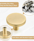 Heavy Duty Round Cabinet Knobs Four Pack Brushed Gold Zinc Alloy Kitchen Handle Replacement With No Sweat Install, close-up of round knob with solid base.