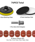 74 piece Five Inch Angle Grinder Sanding Disc Kit with hook and loop backing pad, foam pads, drill adapter, assorted grits 40-800