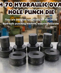 Assorted CH-70 hydraulic oval hole punch dies for metal sheets in various sizes displayed on a workshop table