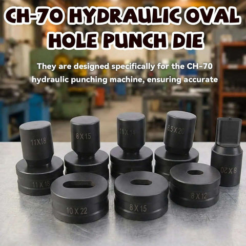 Assorted CH-70 hydraulic oval hole punch dies for metal sheets in various sizes displayed on a workshop table