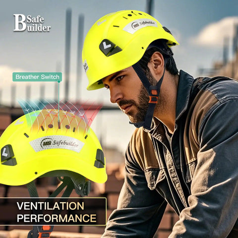 Man wearing Six Point Suspension Work Hard Hat With Ventilated Design For All Day Comfort, ANSI Z89.1 14 Rated Fluorescent Yellow
