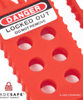 Lock Out Tag Out Hasp Bundle, Non Conductive Polypropylene LOTO Hasps, 3 Pack, red with "Danger Locked Out" label visible