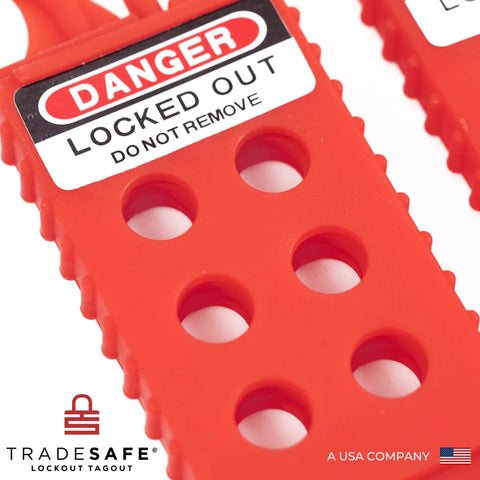 Lock Out Tag Out Hasp Bundle, Non Conductive Polypropylene LOTO Hasps, 3 Pack, red with "Danger Locked Out" label visible