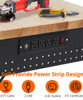 Tough As Nails Mobile Workbench 60 Inch Adjustable Shop Table features solid rubberwood top and built-in power outlets.