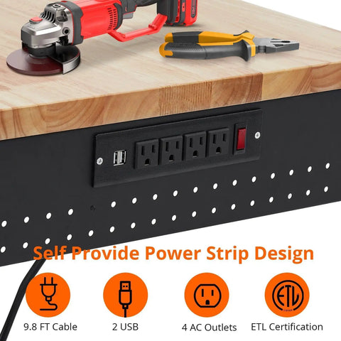 Tough As Nails Mobile Workbench 60 Inch Adjustable Shop Table features solid rubberwood top and built-in power outlets.
