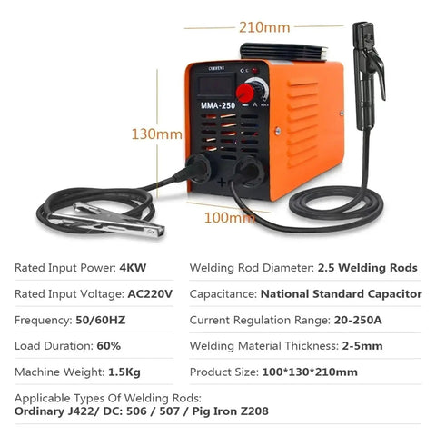 Portable 250A MMA Arc Welder Inverter Welding Machine Dual Voltage 110V 220V Mini Electric Welder dimensions and specs