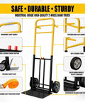 Heavy Duty Folding Hand Truck Wheeled Dolly Cart With Rugged Alloy Steel Frame Eight Hundred Lb Capacity labeled features