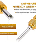 Close-up of amphibious Qimenxin wrench showing stainless steel design for air conditioner and tire valve cores.