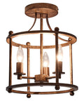 Three Light Farmhouse Vintage Semi Flush Mount Ceiling Light Fixture In Rustic Oil Rubbed Bronze Metal with three bulbs