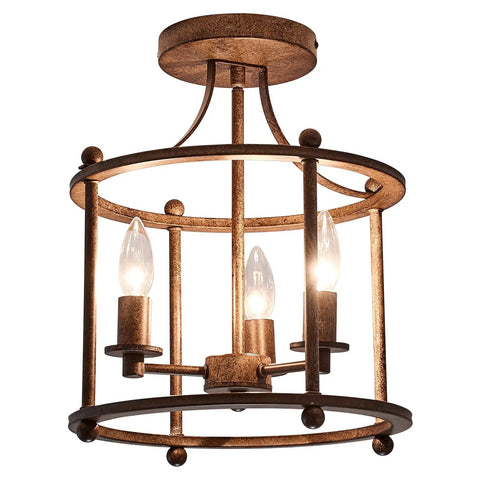 Three Light Farmhouse Vintage Semi Flush Mount Ceiling Light Fixture In Rustic Oil Rubbed Bronze Metal with three bulbs
