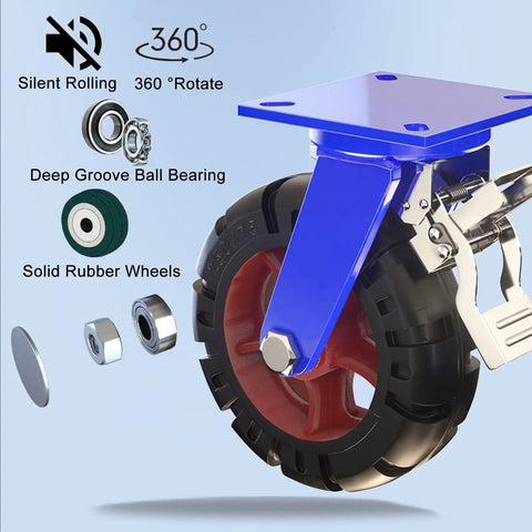 Heavy Duty Swivel Casters With Brakes Four Pack, close-up of solid rubber wheels with deep groove ball bearings and steel mount.