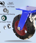 Heavy Duty Swivel And Fixed Caster Set With Ball And Roller Bearings Rated At Four Thousand Pounds showing a rubber wheel and steel mount.
