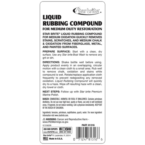 Label of Liquid Rubbing Compound for Medium Oxidation, restores fiberglass, metal, painted surfaces, removes stains and scratches.