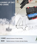 Powerful 3000W Steam Cleaner with 20 Second Heat Up, heavy duty steamer in action on floor, pressure gauge and nozzle details