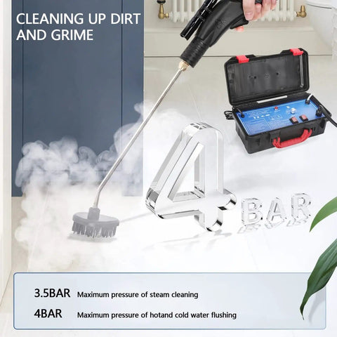 Powerful 3000W High Temperature Steam Cleaner for home and auto use, handheld steamer cleaning floor with brush attachment.