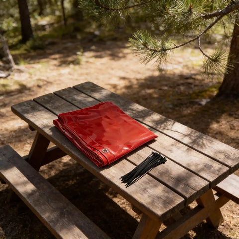 Heavy Duty Welding Curtain Screen 6 By 6 Feet Flame Resistant Vinyl Shield with zip ties on wooden table outdoors