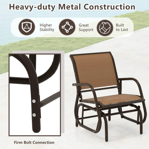 Comfy Outdoor Swing Glider Chair With Iron Frame And Cushioned Fabric Non Slip Feet Patio Rocker For Porch Garden And Backyard Lounging Perfect For Living Room Or Outdoor Use In Brown with focus on metal construction.