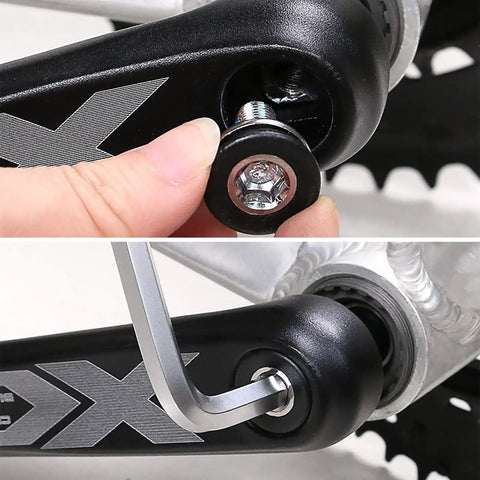 Close-up of assembly using 2 Pack 8mm Hex Crank Arm Fixing Bolts With Caps For Capless Bottom Bracket on a bike.