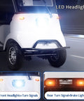 Full Size Four Seater Electric Golf Cart Packing 650W Brushless Motor And 60V Lithium Battery Smooth Cruising Mobility Rig For Seniors Trails And Yard Work showcasing LED headlights and turn signals.