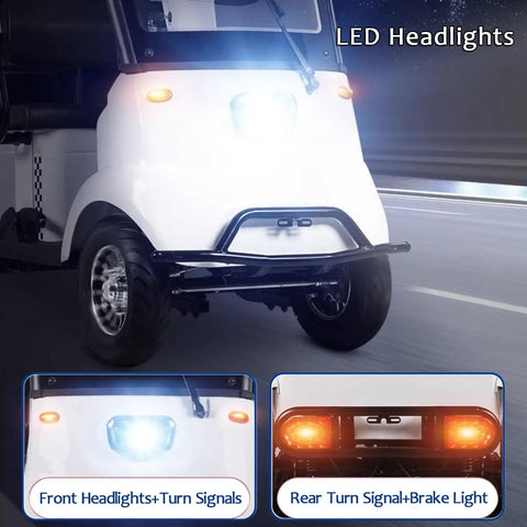 Full Size Four Seater Electric Golf Cart Packing 650W Brushless Motor And 60V Lithium Battery Smooth Cruising Mobility Rig For Seniors Trails And Yard Work showcasing LED headlights and turn signals.