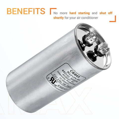 80 Uf Run Start Capacitor 370-440 VAC 50/60 Hz CBB65 For Single Phase Motors With Label Detailing 80 MFD and 5 Percent Tolerance