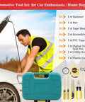 Roadside Emergency Kit For Cars And Trucks With Air Compressor, Jumper Cables, First Aid Kit, Blanket, Shovel, Winter Auto Essentials with man using kit
