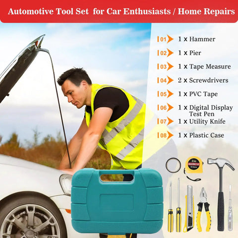 Roadside Emergency Kit For Cars And Trucks With Air Compressor, Jumper Cables, First Aid Kit, Blanket, Shovel, Winter Auto Essentials with man using kit