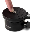 Smooth Camera Leveling Base For Universal Tripods And Video Heads Featuring Easy Turn Dial and Secure Lock Knob being pressed for adjustment.