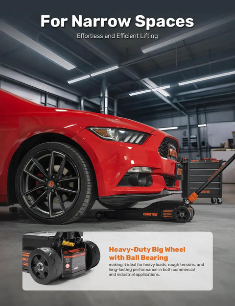 Electric Floor Jack 3 Ton Low Profile With One Touch Lift under red car, hydraulic service jack in garage, 6000 lbs capacity, 3-20 in lift range