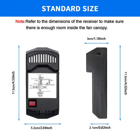 Ceiling Fan Remote Control Kit With Dimmer Light Switch, Wall Switch UC9050T receiver dimensions and side view, no Wi Fi needed.