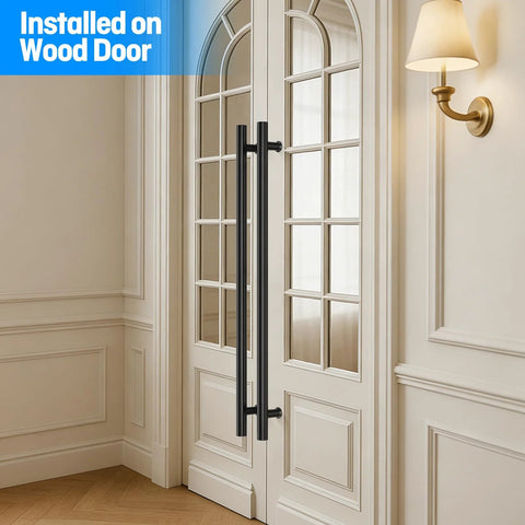Matte Black Ladder Style Push Pull Door Handle Back To Back 36 Inch 900mm Long With 760mm Center To Center 304 Stainless Steel installed on wood door
