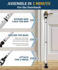 Three In One Door Security Bar With Heavy Duty Metal, Adjustable From Sixteen To Forty One Point Seven Inches, Sliding Patio Door Lock Stick With Two Point Eight Inch Non Slip Base, Portable Home, Apartment And Travel Safety Lock For Doors And Windows, shown with installation steps next to a door.