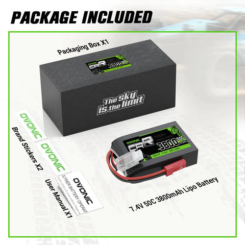 Package contents of 3800mAh 7.4V 2S1P LiPo Battery Pack With JST SYP Plug For QX7 Controller, including battery, manual, and stickers.