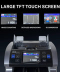 Heavy Duty Money Counter For Mixed Denominations With Real Time Value Counting And Breakdowns By Denomination Eight Currencies CIS UV MG IR DD Counterfeit Detection Printer Enabled Bill Counter External Display Large Touch Color Screen showing various currency options.
