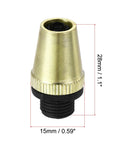 Close-up of a gold tone metal cable gland strain relief cord connector, part of a 5 pack, fits wires up to 6.5mm, 15x28mm dimensions.