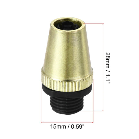Close-up of a gold tone metal cable gland strain relief cord connector, part of a 5 pack, fits wires up to 6.5mm, 15x28mm dimensions.
