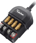 Motorcycle Power Relay Kit DC 12V 20A Waterproof 4 Way Fuse Block ACC Splitter close-up showing gold fuses and connection points