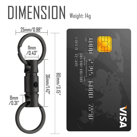 Dimensions of Titanium Detachable Key Ring Connector With Double End Swivel next to credit card for size comparison