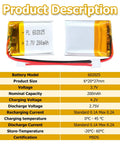 3.7V 200mAh 602025 LiPo battery pack with PH2.0 JST connector, dimensions and specifications, for micro RC drones and remotes