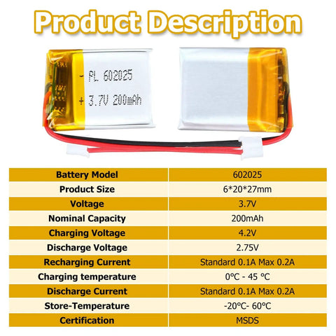 3.7V 200mAh 602025 LiPo battery pack with PH2.0 JST connector, dimensions and specifications, for micro RC drones and remotes