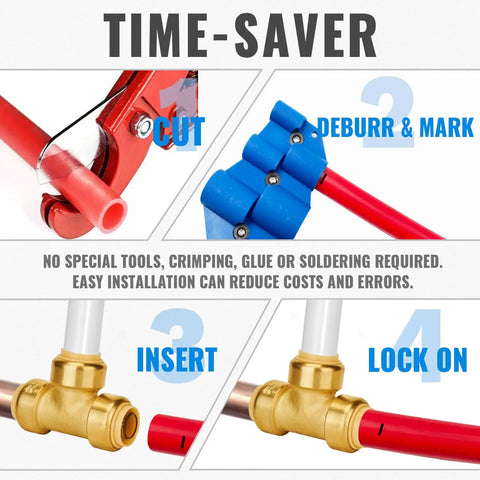 Steps to use Six Pack Tee Plumbing Pipe Connector Set with push-fit PEX tee; cut, deburr, insert, and lock copper CPVC pipes. Easy install.