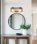 Two-Light Farmhouse Vanity Lights For Bathroom, 15.8 Inch Gray Textured Metal Backplate, Bubble Glass Shades Over Mirror