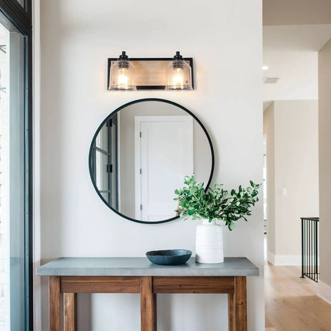 Two-Light Farmhouse Vanity Lights For Bathroom, 15.8 Inch Gray Textured Metal Backplate, Bubble Glass Shades Over Mirror